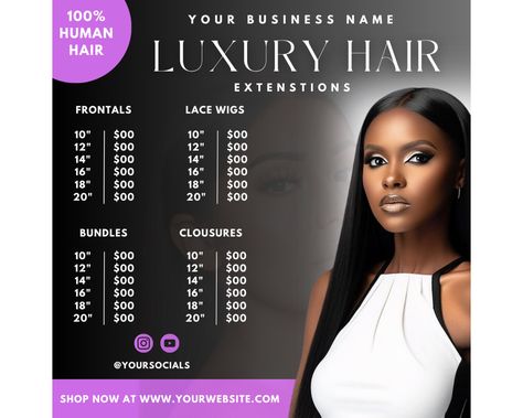 Hair Extensions Price List Flyer Digital Hair Pricelist - Etsy Hair Price List, Digital Hair, Price List Design, Salon Price List, Salon Owner, Hair Flyer, Price List Template, Salon Owners, Business Hairstyles