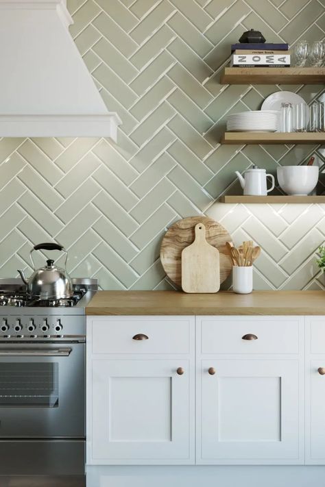 Kitchen Wall Tiles Backsplash, Green Kitchen Backsplash, Green Kitchen Walls, Sage Kitchen, Green Backsplash, Backsplash Patterns, Bold Kitchen, Sage Green Kitchen, Green Kitchen Cabinets