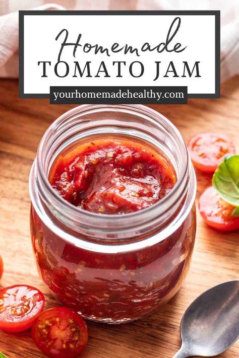 Homemade Tomato Jam is the perfect addition to your morning toast, egg scramble, deli sandwich, or cheese board. It's made of fresh tomatoes and simple seasonings. Make it in about 45 minutes for a delicious, yet easy-to-make, sophisticated topping. Tomatoes Jam Recipe, Balsamic Tomato Jam, Easy Tomato Jam, Savory Tomato Jam, Tomato Basil Jam, Tomato Jam Recipe Canning, Tomato Jam Recipe Easy, Cherry Tomato Jam Recipe, Tomato Jam Recipe