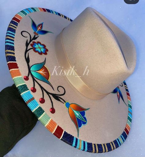 Native Hat, Beaded Hat Patterns, Native American Beaded Hats, Beaded Cowboy Hat, Beaded Hat Brim Patterns, Beaded Hats, Beaded Hats Native American, Beaded Hat Brim, Womens Western Hats