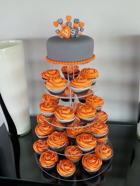 Earl Grey Orange Cake, Burnt Orange Cupcakes, Orange And Gray Wedding Theme, Orange Theme Cupcakes, Orange Quince, Orange Colored Cupcakes, Orange Grey Wedding, Wedding Cake And Cupcakes, Cupcake Tower Cake