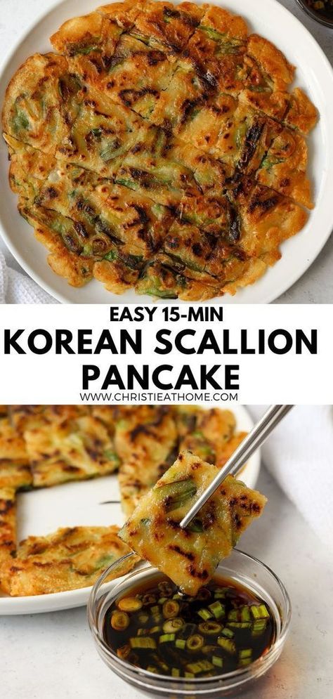 Pajeon. A savory, crispy pancake made of green onions served with a delicious dipping sauce. A simple and easy Korean scallion pancake recipe using minimal ingredients, ready in 15 minutes! Simple Korean Dinner Recipes, Rice Paper Scallion Pancakes, Delicious Simple Recipes, Simple Onion Recipes, Korean Veggie Pancake Recipe, Green Onion Pancake Korean, How To Make Korean Pancakes, Green Onion Pancakes Chinese, Things To Make With Green Onions