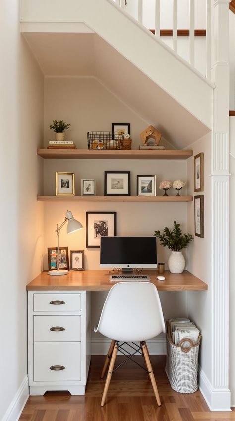 Tiny Home Desk Ideas Desk Under The Stairs, Nook Desk Ideas, Tiny Study Room, Desk Nook In Bedroom, Tiny Desk Ideas, Built In Desk Nook, Under Stairs Office, Desk Under Stairs, Home Desk Ideas