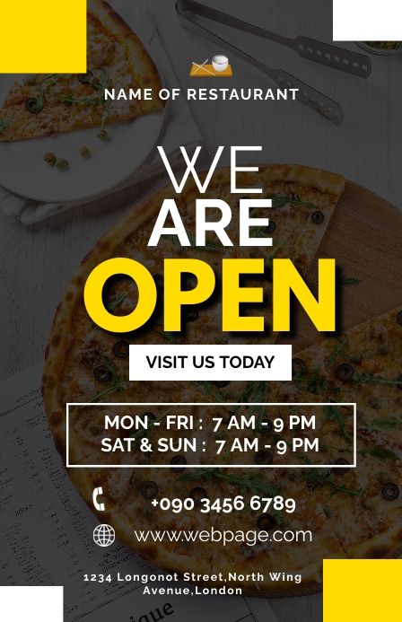 Flyer Design For Restaurant, Restaurants Poster Design, We Are Open Now Restaurant Poster, Open Now Poster Design, We Are Open Restaurant Poster, Flyers For Food Business, Poster Design For Business, Posters For Restaurant, Soft Opening Poster Design Restaurant