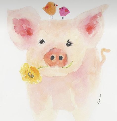 Pig Nursery, Pig Watercolor, Watercolor Farm, Pig Painting, Learn Watercolor Painting, Happy Painting, Pig Art, Diy Watercolor Painting, Watercolor Projects