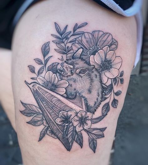 Brown Bat Tattoo, Bat Half Sleeve Tattoo, Bat Flower Tattoo, Black And Grey Bat Tattoo, Detailed Bat Tattoo, Bats And Flowers Tattoo, Bat Floral Tattoo, Bat Tattoo, Cute Tiny Tattoos