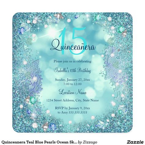 Quinceanera Teal Blue Pearls Ocean Sky Birthday Invitation Sky Birthday Party, Quince Invitations, Quinceanera Planning, Mermaid Birthday Invitations, Quinceanera Party, Ocean Sky, Birthday Party Celebration, Quinceanera Invitations, Sweet 16 Birthday