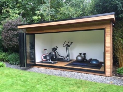 Home Gym Shed, Gym Room Ideas, Gym Shed, Garden Gym, Home Gym Mirrors, Backyard Gym, Contemporary Garden Rooms, Garden Pods, Gym Mirrors