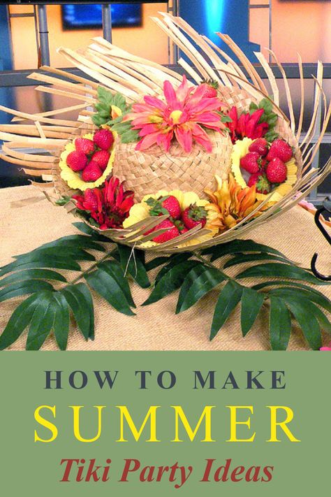 Luau Centerpieces Diy Dollar Stores, Diy Tiki Decorations, Tiki Crafts, Tiki Decorations, Sweet 16 Pool Parties, Tiki Party Decorations, Summer Luau Party, Shrimp Boil Party, Luau Centerpieces