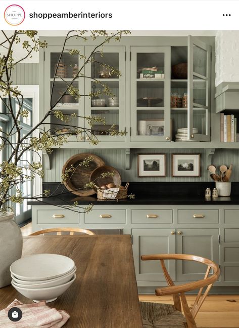 GREEN the color of 2022 - Seeking Lavender Lane Kitchen Black Counter, Green Kitchen Cabinets, Shoppe Amber Interiors, Green Cabinets, Kitchen Farmhouse, Amber Interiors, Kitchen Cabinet Colors, Kitchen Pictures, Kitchen Color