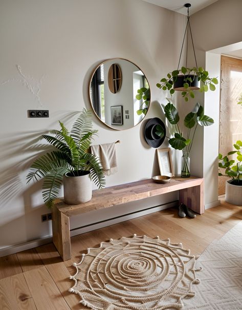 How to Decorate a Beach House Modern Mid Century Entryway, Hallway Boho Entrance, Hall Area Design, Hallway Bench Seat Styling, Bench Seat Hallway, Entry Way Open To Living Room, Coastal Entryway Bench Ideas, Entry Way Nook Entrance, Boho Small Entryway Ideas