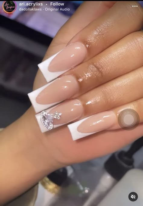 Simple Long Acrylic Nails White, White Acrylic French Nails, Nails Inspiration French Tip White, White French Tip Nails With Bling, White Short Birthday Nails, White French Nails With Charms, Acrylic Nail Designs Charms, Pink French Tip Nails With Charms, French Tip Acrylic Nails With Charms