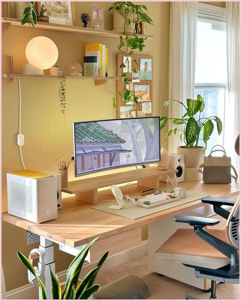 [PaidLink] A Cozy Desk Setup Featuring An Ultra-Wide Monitor, And Clean, Minimalist Desk Accessories. Follow @Easyhomeinspo For Daily Inspirations! #Cozydesksetup #Cozygamingdesk #Cozygamingsetup #Deskgoals #Deskgram #Cozydesk #Gamingsetup #Desksetup #Workspace #Pcsetup #Aesthetic #Cozydeskinspiration Cc: Maisyleigh #gamingroomsetupaestheticcozy Cozy Desk, Study Desk Decor, Desk Layout, Cozy Office, Cozy Home Office, Desk Setups, Desk Inspo, Office Room Decor, Study Room Decor