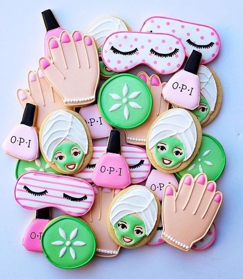 Spa Party Cookies - Spa Party Ideas #spapartyideas #prettymyparty #spapartycookies #spapartyfood #spabirthday Spa Party Foods, Spa Party Ideas, Spa Cookies, Spa Party Theme, Spa Sleepover Party, Spa Day Party, Kids Spa Party, Girl Spa Party, Kids Spa