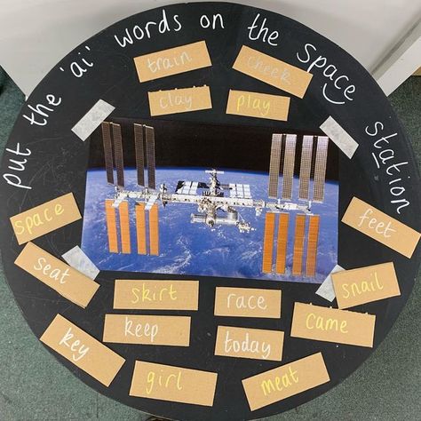 @life_of_miss_bee_ks1 on Instagram: "A super simple phonics enhancement. 🌍 read the words and put them on the space station if they have an ‘ai’ sound in. #ks1phonics #ks1 #ks1teacher #year1phonics #ks1continuousprovision #ks1enhancedprovision #teachersofinstagram" Dge Phonics, Continuous Provision Year 1, Continuous Provision, Eyfs Activities, Word Bank, Phonics Activities, Year 1, Space Station, Super Simple