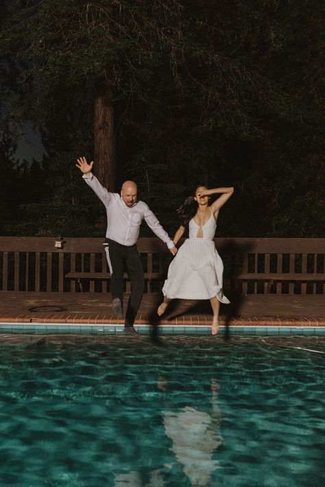 Swimming Pool Engagement Photos, Jump In Pool Wedding, Jumping In Pool Wedding, Pool Engagement Photos, Speakeasy Elopement, Pool Couple, Backyard Wedding Pool, Pool Shoot, Night Pool Party