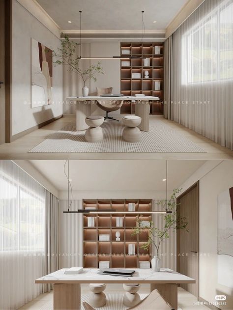 Modern Home Study Design, Home Office With Bookcase Behind Desk, High Storage Ideas, Japandi Office Space, Interior Design Office Studio, Japandi Office Design, Japandi Office, Japandi Home Office, Design Studio Office