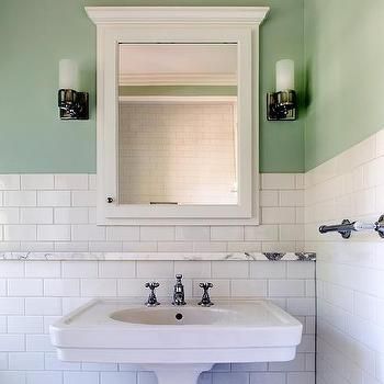 since pedestal sink provides no counter space: bathroom is wide enough to make  bumpout behind sink, cover with marble or tile for setting items on! White And Green Bathroom, White Subway Tile Bathroom, Bathroom Feature Wall, Bathroom Green, Bathroom Sink Design, Subway Tiles Bathroom, Marble Shelf, Sink Shelf, Floating Shelves Bathroom