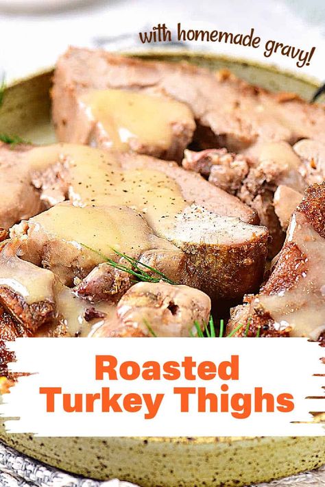 Turkey thighs are a great alternative to a whole roasted turkey if you don't need to feed a big crowd. They're flavorful and juicy, with a delicious, slightly crispy skin. Serve them with turkey gravy made from their own juices for a fantastic holiday meal. Roasted Turkey Thighs, Hannukah Recipes, Turkey Thighs, Turkey Broth, Big Crowd, Whole Turkey, Homemade Gravy, Impressive Recipes, Potato Puree