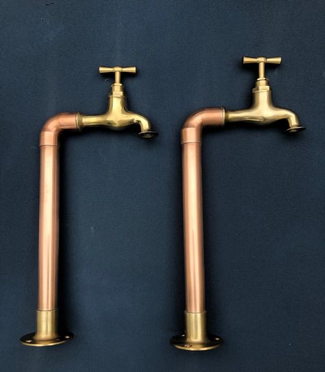 Copper and Brass Pillar Tap - Etsy Outdoor Shower Fixtures, Industrial Decor Kitchen, Copper Taps, Cottage Renovation, Brass Tap, Shower Fixtures, Shower Holder, Towel Radiator, Copper Pipe