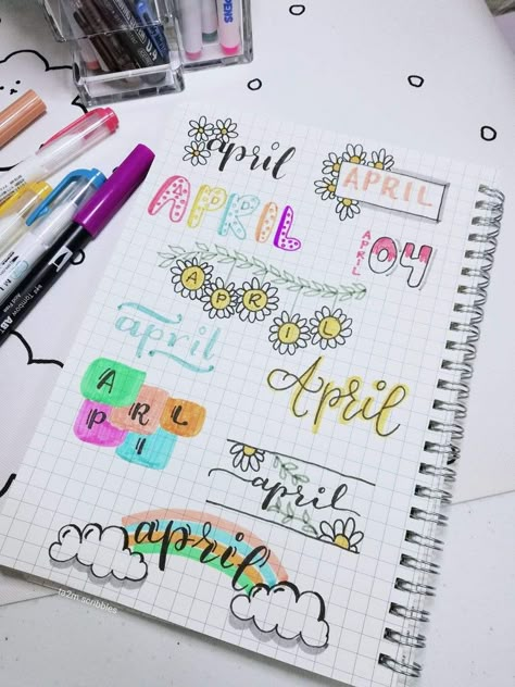 April Font Hand Lettering, May Calligraphy, Sales Journal, Bullet Journal Hand Lettering, Lettering Fonts Design, Bullet Journal Work, Title Ideas, Colorful Borders Design, Bullet Journal Ideas Templates