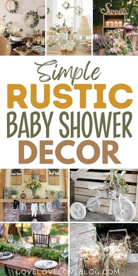 Collage of rustic baby shower decorations for boys and girls. Rustic Baby Shower Boy, Vintage Baby Shower Decorations, Rustic Baby Shower Ideas, Farmhouse Baby Shower, Vintage Baby Shower Boy, Rustic Baby Shower Decorations, Food Favors, Baby Shower Ideas For Boys, Baby Girl Cake