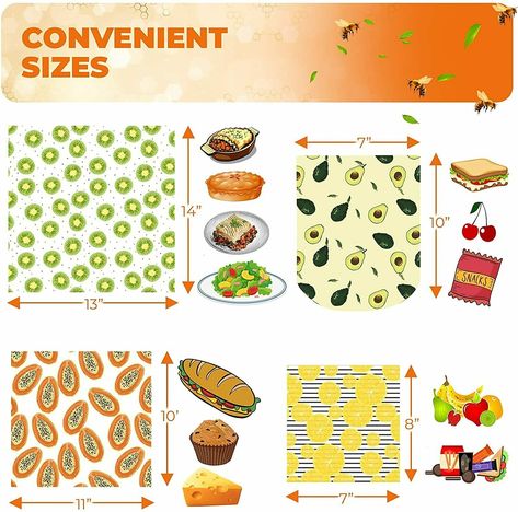 Brand New Reusable Beeswax Food Wrap for Food  Set of 5 Organic Bees Wax Wraps for Bread and Sandwiches  Eco Friendly & Covering Sustainable Wax Cloth Food Wrap for Eco Kitchen  Beeswax Bag  - The beeswax wraps made of natural ingredients and cotton, organic jojoba oil and natural tree resin. They are eco-friendly, reusable, washable and biodegradable. Perfect for a great earth friendly gift.  - 5-PACK of wraps with different visual patterns includes:  1 Small wrap(7" x 8")  2 Medium wraps(10" x Beeswax Wrap Sizes, Wax Cloth Food Wrap, Beeswax Bag, Diy Beeswax Wrap, Bees Wax Wraps, Reusable Food Wrap, Beeswax Wrap, Eco Kitchen, Wax Wraps