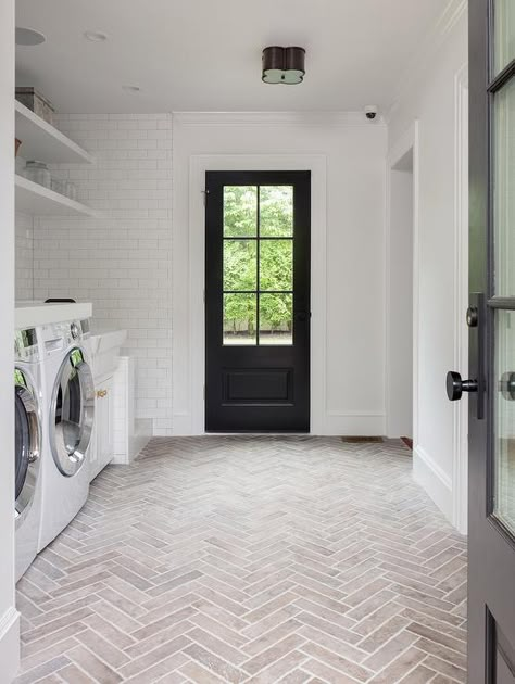 Brick Herringbone Floor, Transitional Laundry Room, Laundry Room Tile, Herringbone Tile Floors, Mudroom Flooring, White Laundry Rooms, Laundry Room Flooring, White Laundry, Studio Build