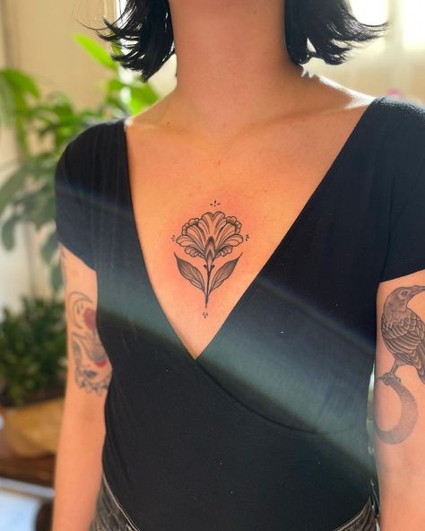 Women’s Upper Chest Tattoo, Center Of Chest Tattoo Female, Ocean Chest Tattoo, Tattoo In Between Chest Woman, Chest Tattoo Female Upper, Chest Tattoo Female, Tattooed Woman, Tattoo Female, Sternum Tattoo