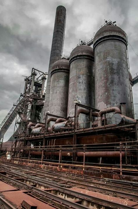 "In Act I, the Industrial Age, massive factories and efficient assembly lines powered the economy" (p. 48). Urban Decay Photography, Abandoned Factory, Industrial Inspiration, Photography Location, Steel Mill, Industrial Factory, Industrial Machinery, Industrial Architecture, Old Factory