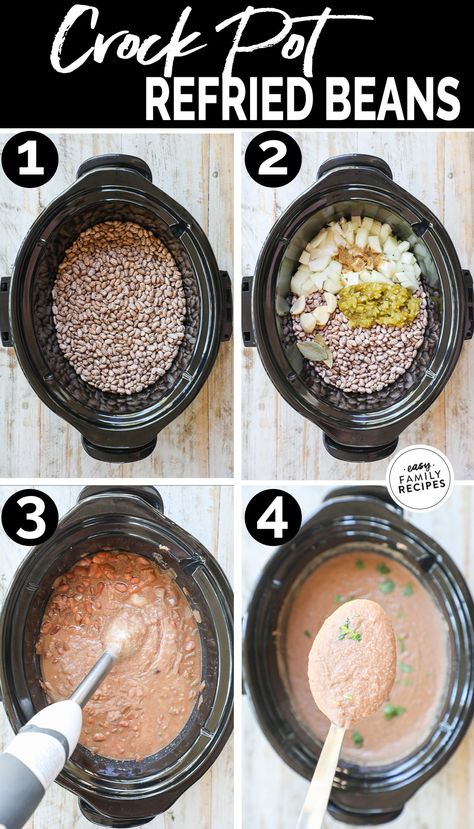 Making Refried Beans from scratch is easier than you think! With just a slow cooker, dried pinto beans and a handful of ingredients. This easy crockpot refried beans recipe cooks away all day giving you tons of flavor with no effort! This easy refried beans recipe feeds a crowd and is a great healthy side dish to add to any Mexican inspired meal. Try it with burritos, tacos, enchiladas, tostadas and more! Refried Beans Crockpot Mexican, Refried Beans Recipe Crockpot, Crockpot Refried Beans Recipe, Refried Beans Crockpot, Easy Refried Beans Recipe, Crock Pot Refried Beans, Refried Beans From Scratch, Refried Beans Recipe Easy, Easy Refried Beans