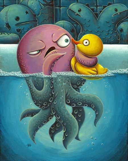 Justin Hillgrove "The Squeeze" 16" x 20" Limited A/P Edition Canvas of 114 Rubber Duck Bathroom, Duck Bathroom, Art Mignon, Octopus Art, Arte Sketchbook, Art Et Illustration, Cute Monsters, Rubber Ducky, Kraken