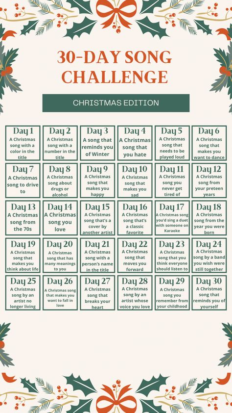 Christmas Song Challenge, 30 Days Of Christmas Activities, Christmas Challenge 30 Day, 2023 Checklist Instagram Story, Christmas Challenge Games, Christmas Song List, Songs For Christmas, Christmas Songs List, 30 Days Of Christmas