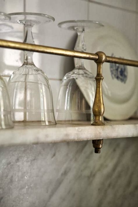 Marble Ledge with brass rail Gold Kitchen Hardware, Bistro Shelving, Window Over Sink, Over The Kitchen Sink, Builder Grade Kitchen, Marble Shelf, Diy Organizer, Over Sink, Nate Berkus