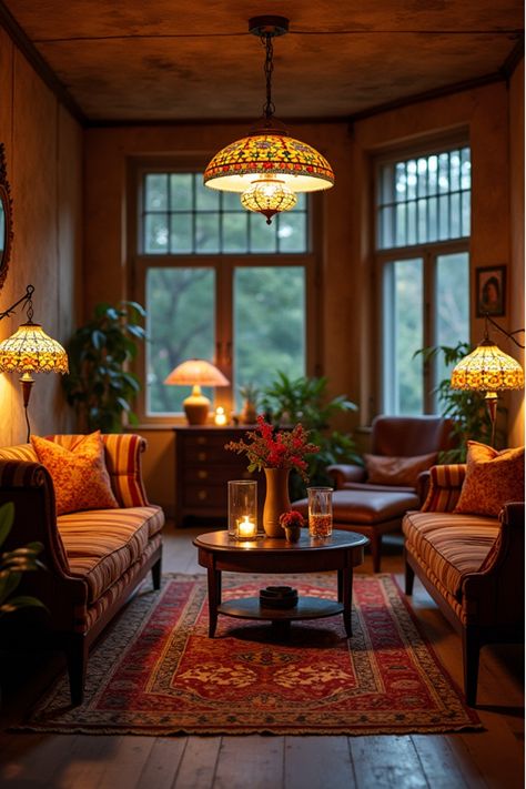 Eclectic living room with diverse lighting styles and fixtures Swag Lamp Over Couch, Cozy Upstairs Living Room, Low Lighting Living Room, Ambiance Lighting Living Room, Cozy Room Lighting, Hanging Lights In Living Room, Traditional Eclectic Living Room, Cozy Lighting Living Room, Cozy Eclectic Home