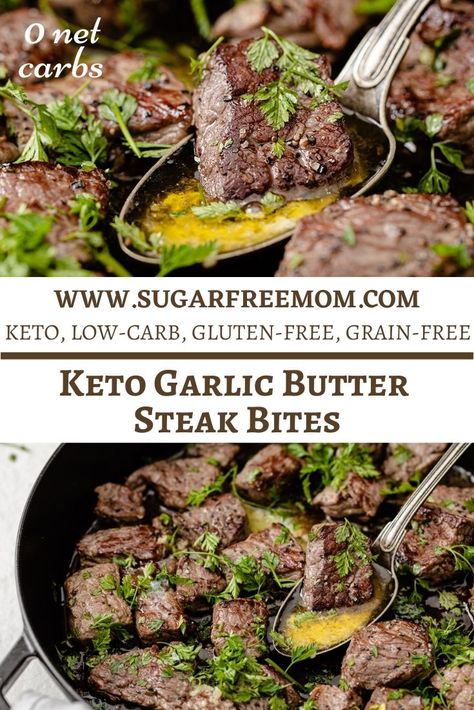 Quick & Easy Keto Garlic Butter Steak Bites made in 10 minutes! Zero net carbs! Keto Steak Bites Crockpot, Low Carb Steak Bites, Keto Beef Steak Recipes, Recipe For Steak Bites, Keto Garlic Butter Steak Bites, Steak Bites Keto, Low Carb Steak Recipes, Keto Steak Recipes, Keto Steak Bites