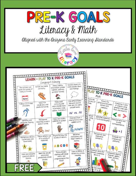 FREE printable pre-k goals sheets for literacy and math. Includes 20 important literacy goals and 20 math goals for preschool and pre-k students to focus on before kindergarten. Great reference for parents and preschool teachers to print and use to get their students kindergarten ready! Aligned with the Arizona Early Learning Standards. #littlesloveliteracy #preschool #prek #kindergartenreadiness Pre K Curriculum Map, Prek Math Curriculum, Pre K Goals, Ece Resources, Prek Graduation, Prek Literacy, Preschool Assessment, Pre K Curriculum, Homeschool Fun