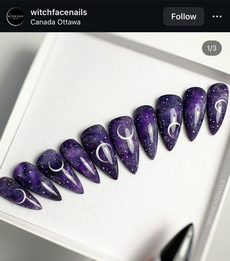 Nails Celestial, Short Nail Bed, Purple Press On Nails, Medium Stiletto, Violet Nails, Shrinking Violet, Cartoon Nails, Moon Magick, Witch Nails