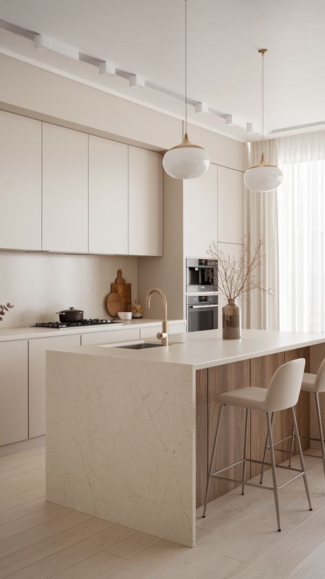 Modern Kitchen Design Simple, Modern Kitchen Cabinet Design White And Wood, Modern Kitchen Neutral Colors, Neutral Kitchen Aesthetic, Built In Kitchen Hood, Light Kitchen Cabinet Colors, Open Concept Kitchen Design, Kitchen With Light Wood Floors, White Aesthetic Kitchen