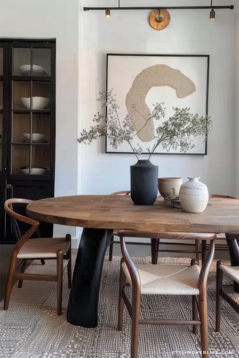 Kitchen Table Ideas Modern, Emily Henderson Dining Room, Centerpiece For Wood Dining Table, Earthy Modern Dining Room, Organic Modern Decor Dining Room, How To Style A Round Dining Table, Dining Room Organic Modern, Modern Organic Apartment, Mcgee And Co Dining Room