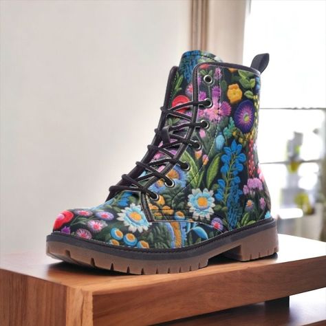 Boots Cottagecore, Cottagecore Boots, Masc Cottagecore, Africa Burn, Dark Floral Pattern, Painted Boots, Art Boots, Freebird Boots, Faux Embroidery