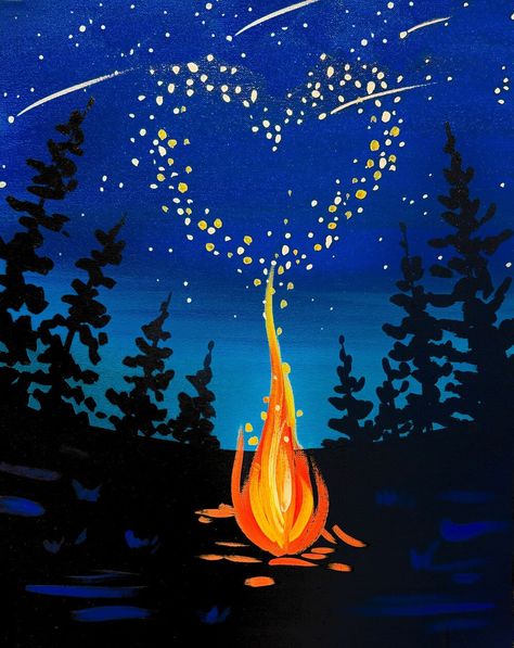 Camping Painting Acrylic, Easy Date Night Painting Ideas, What To Paint For Your Best Friend, Canvas Painting Class Ideas, Easy Canvas Painting Landscape, Canvas Painting Silhouette, Campfire Painting Easy, Camp Painting Ideas, Scenic Painting Ideas