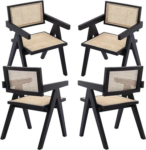 Amazon.com - ZH4YOU Black Rattan Dining Chairs Set of 4, Accent Wicker Dining Chair with Cane Back, Mid Century Modern Rattan Armchair Comfy Side Chair for Kitchen/Dining Room/Living Room - Table Benches Black Rattan Dining Chairs, Dining Chair Mid Century, Wicker Dining Chair, Paris Kitchen, Chair Mid Century, Dining Chairs Set Of 4, Black Rattan, Wicker Dining Chairs, Rattan Dining