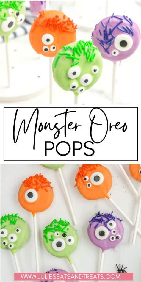 If you are looking for an easy, but cute Halloween treat then make these Monster Oreo Pops. They are a quick no-bake Halloween dessert that kids and adults will love. Plus, they make a great activity for Halloween parties! Scary Desserts, White Chocolate Covered Oreos, Halloween Dip, Halloween Snack Mix, Halloween Treats To Make, Halloween Oreos, Cute Halloween Treats, White Chocolate Covered, Candy Eyes