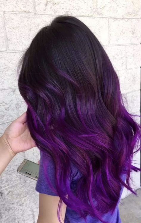 Purple hair Black Roots Purple Hair Ombre, Purple Hair Inspo Color, Purple Hair White Streak, Purple Babylights Hair, Colorful Bayalage Hair, Purple Tips On Brown Hair, Dimensional Purple Hair, Raven Purple Hair, Violet Balayage Brunette