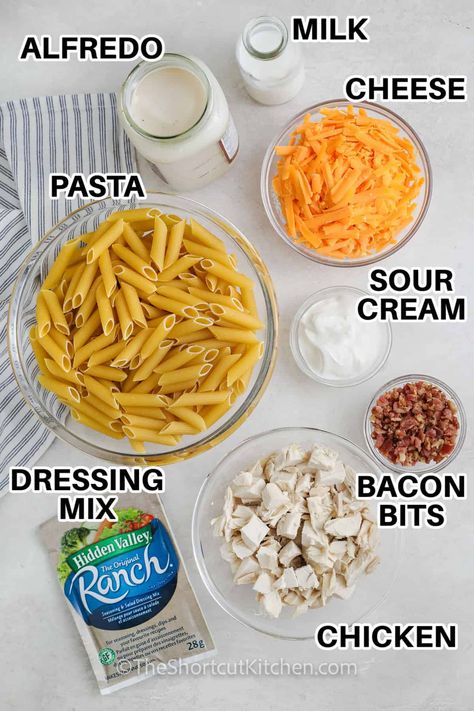 Delight in how easy this hearty chicken bacon ranch pasta recipe is! This casserole features cooked chicken, pasta, and bacon in a creamy ranch Alfredo sauce. One dish is all you need for this easy dinner! Bake this savory pasta in the oven for a quick, effortless, and family-approved meal! #theshortcutkitchen #chickenbaconranchpasta #pastabakerecipes #ranchalfredopastabake Ranch Chicken Spaghetti, King Ranch Pasta, Alfredo Sauce Dinner Ideas, What To Make With Alfredo Sauce, Ranch Chicken Pasta, Chicken Pasta Recipes Easy Quick Dinner, Pasta Bake Alfredo, Bow Tie Pasta And Chicken Recipes, Ranch Chicken Pasta Bake