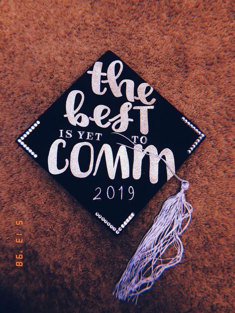 Communication Graduation Cap #communicationgradcap #graduation #graduationcap #graduationcapdecoration #classof2019 Communications Graduation Cap, Communication Graduation Cap, College Cap Decorations, Grad Cap Decor, Graduation Masters, Graduation Cap Designs College, Communications Degree, Senior Year Graduation, College Grad Cap Ideas