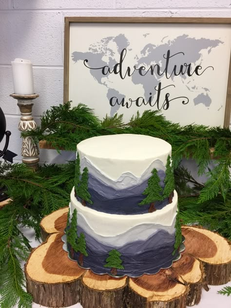 Mountain | Woodland | Theme | Cake | Baby Shower Mountain Cake Ideas, Mountain Baby Shower Theme, Woodland Theme Cake, Adventure Baby Shower Theme, Mountain Cake, Adventure Awaits Baby Shower, Adventure Baby Shower, Baby Shower Theme Decorations, Baby Shower Woodland Theme