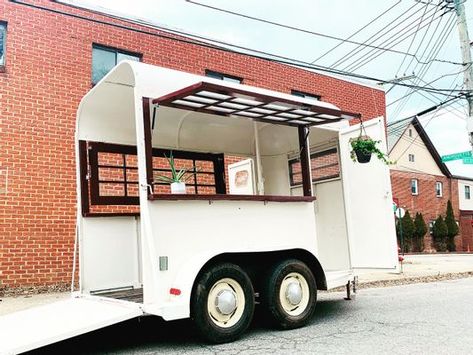 Retro Coffee Trailer, Horse Trailer Concession Stand, Horse Trailer Bar Interior, Beverage Trailer, Horse Trailer Mobile Bar, Trailer Mobile Bar, Horse Trailer Bar, Horse Float, Drink Business