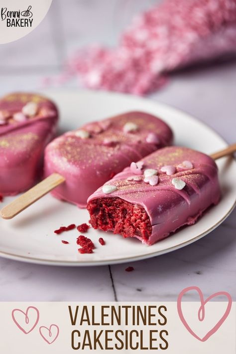 These homemade valentines cakesicles are the perfect valentines day treat. Made from scratch with red velvet cake and cream cheese frosting, they are easy to make at home. You can use candy melts or chocolate to make these cakesicles. Decorate with heart sprinkles for the perfect romantic gift or bake them together for a cute date idea. Easy valentines recipe from scratch. #valentinesday #cakesicles #cakepops #bakingblog #heartsprinkles #candymelts #foodphotography #heartshaped Red Velvet Cakesicles, Valentines Bakery Treats, Valentine Cakecicles, Cakecicles Valentines Day, Valentines Pastry Box Ideas, Red Cakesicles, Cakesicles Valentines Day, Valentines Cakesicles Ideas, Valentines Cakesicles